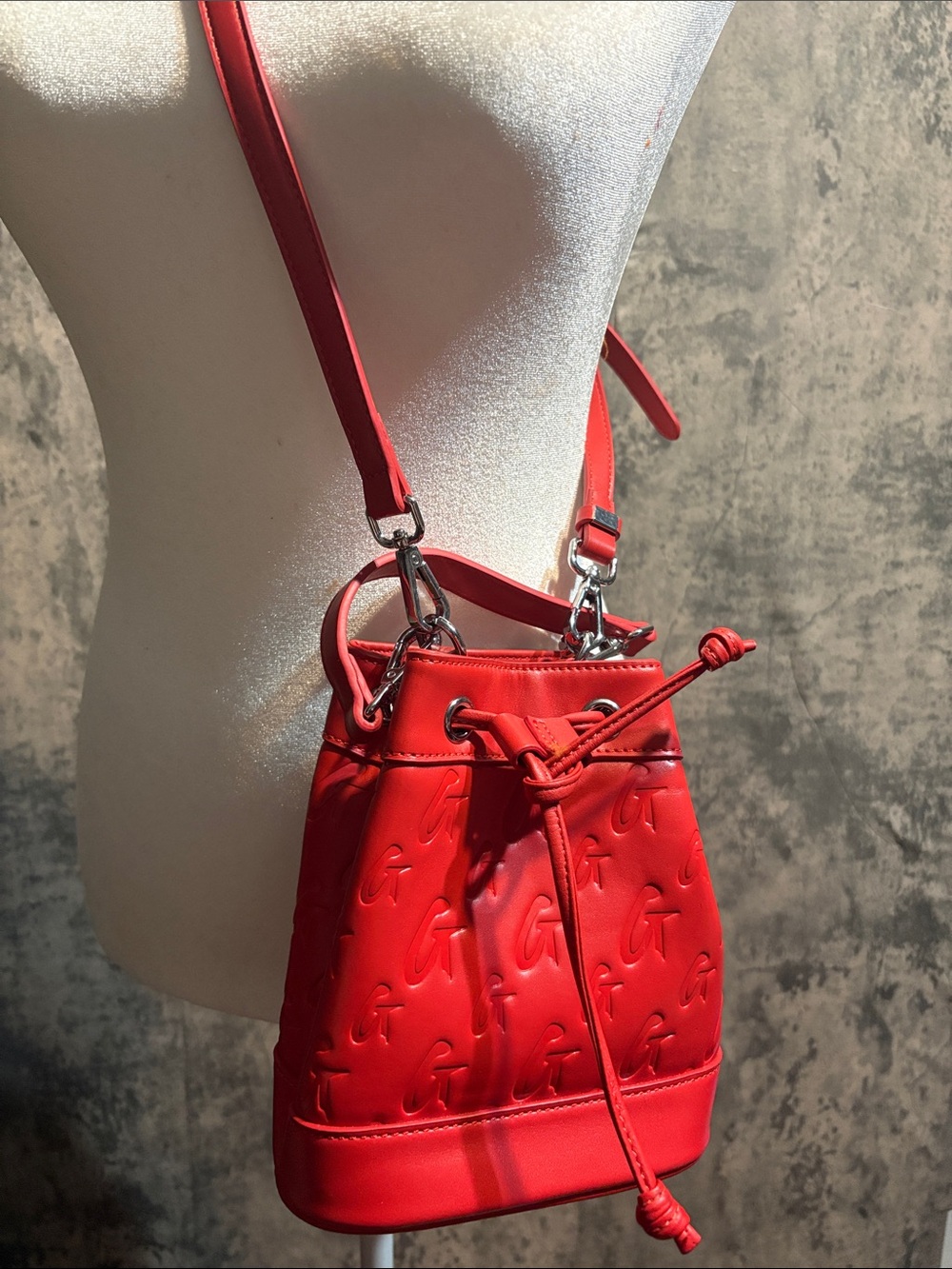 Red Embossed Mini Bucket Bag - Women (Brand: )